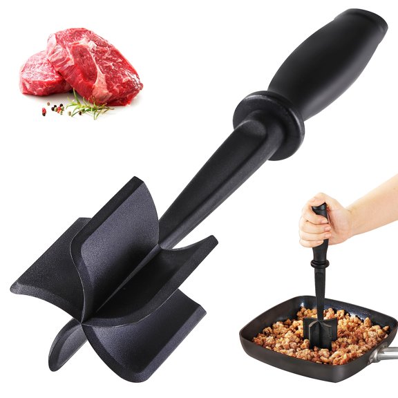Ground Beef Smasher Chopper for Mixing Mincing, Heat Resistant Nylon Blades, Hamburger Taco Meatball Prep, Compact Kitchen Utensil, Black