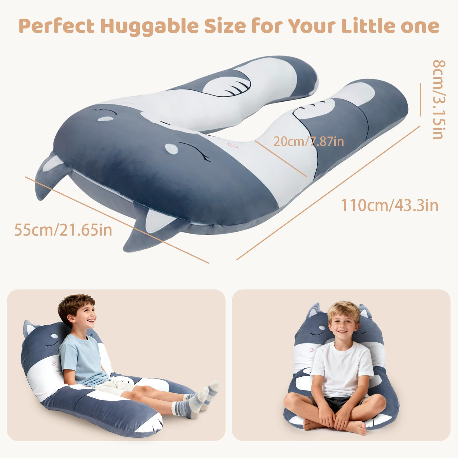 IFOYO 43" U Shaped Kids Full Body Pillow, Minky Cuddle Pillow for Sleeping ADHD Sensory Relief, Washable Cover for Boys Girls