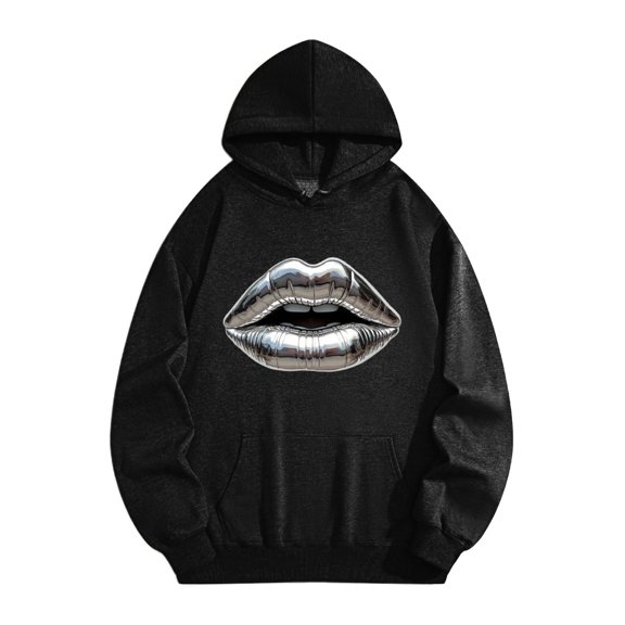 Men's Pocket Graphic Hooded Pullover, A Pair of Shiny, Metallic Silver Human Lips, Sizes S-2XL