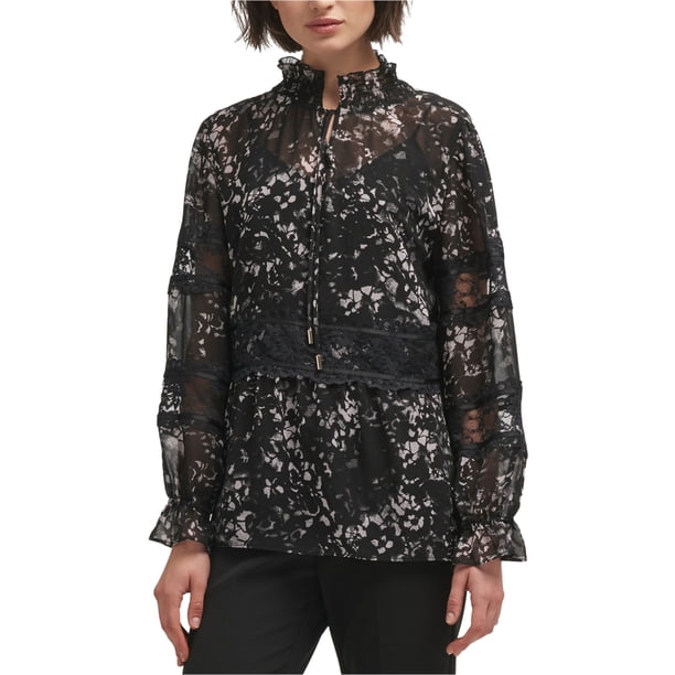 Blusa DKNY con Ribete de Encaje para Mujer, Negra, Pequeña