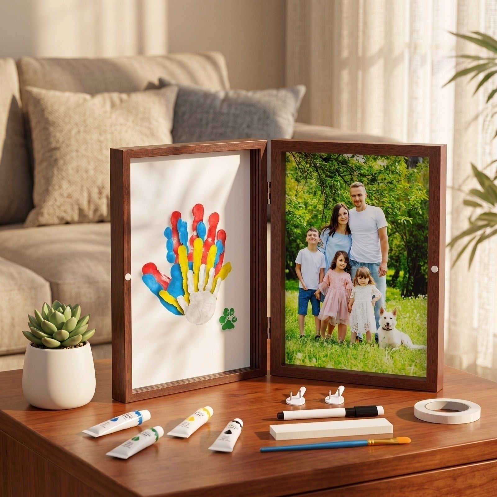 Family Handprint Kit, DIY Baby Hand and Footprint Handmade Keepsake Wooden Frame with 6 Non-Toxic Baby-Safe Paint, Family Gifts Ideas Gift for New Parents, Grandparents, Father's Day, Mother's Day