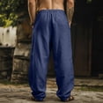 thumbnail image 4 of Domuza Men's Cotton Linen Pants Drawstring Casual Cropped Trousers Lightweight Loose Beach Yoga Pants with Pockets Navy S, 4 of 4