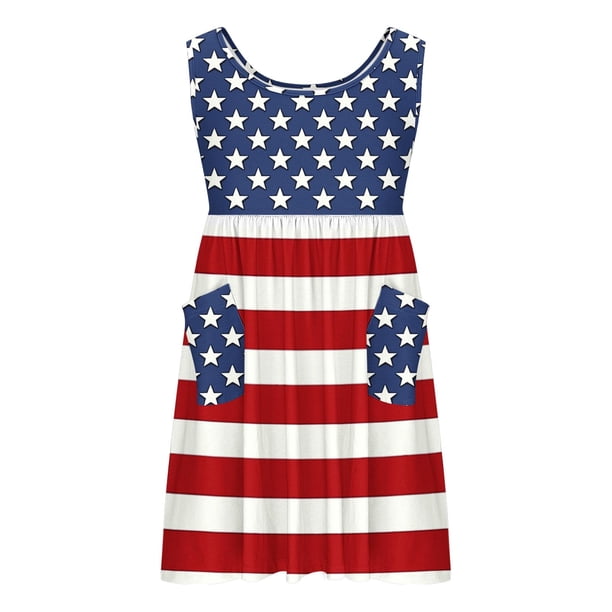 Odeerbi Niñas Día de La Independencia A-Línea Vestido de Tanque Con Bolsillos Verano Patriótico Estrella Raya Cuello Redondo Vestido de Sol Casual