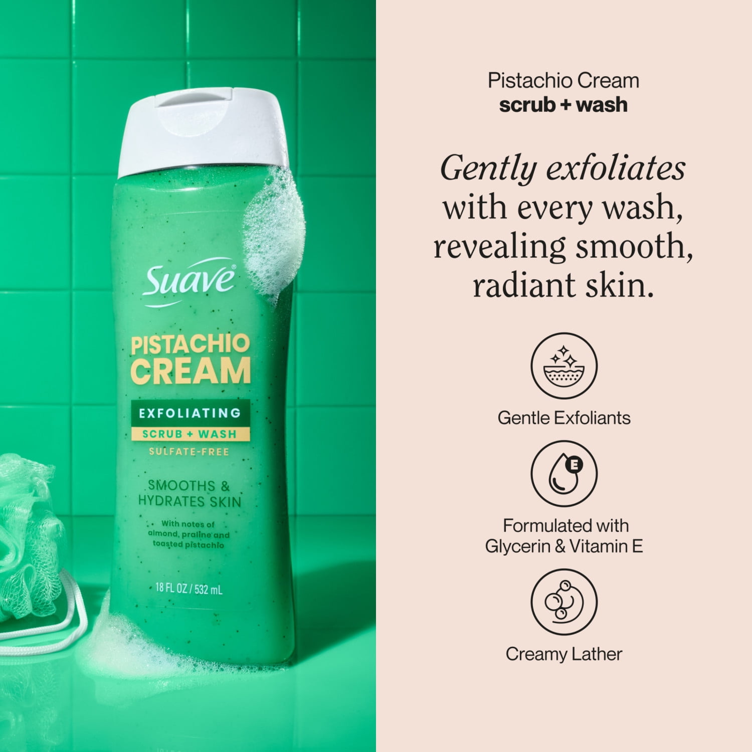 (2 pack) Suave Pistachio Cream Exfoliating Body Wash & Scrub with Glycerin & Vitamin E, Sulfate-Free Hydrating Cleanser for Soft, Smooth Skin, 18 fl oz