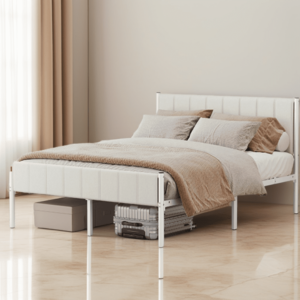 LEDREM Queen Size Metal Bed Frame with Upholstered Headboard and Footboard, 12.2-Inch Underbed Clearance, 1100 lb Capacity, Easy Assembly, Cappuccino Beige