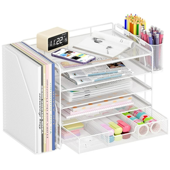 Organizador de escritorio OPNICE, archivo de papel de 5 niveles con cajón y soporte para bolígrafos