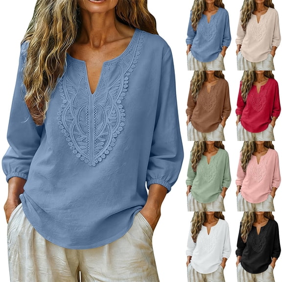 Women's Cotton Linen 3/4 Sleeve V Neck Lace Blouse Loose Fit Casual