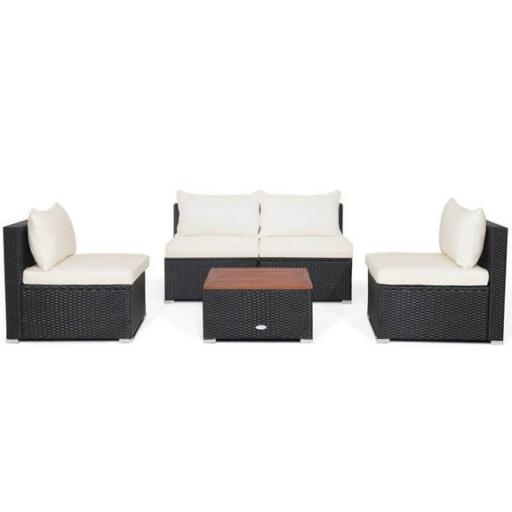 Demifill 5 Piece Outdoor Furniture Set with Solid Tabletop and Soft Cushions, Patio Furniture Set with Practical Coffee Table, Conversation Set for Outdoor, Off White