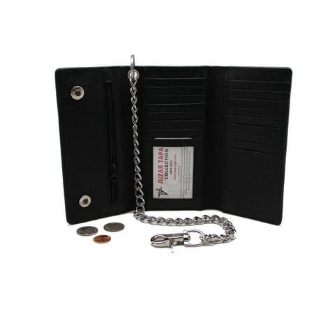 Checkbook Organizer Wallet - RFID Biker 212 Leather Long Check Book Trifold wallet with Steel Chain 17 Card Slots