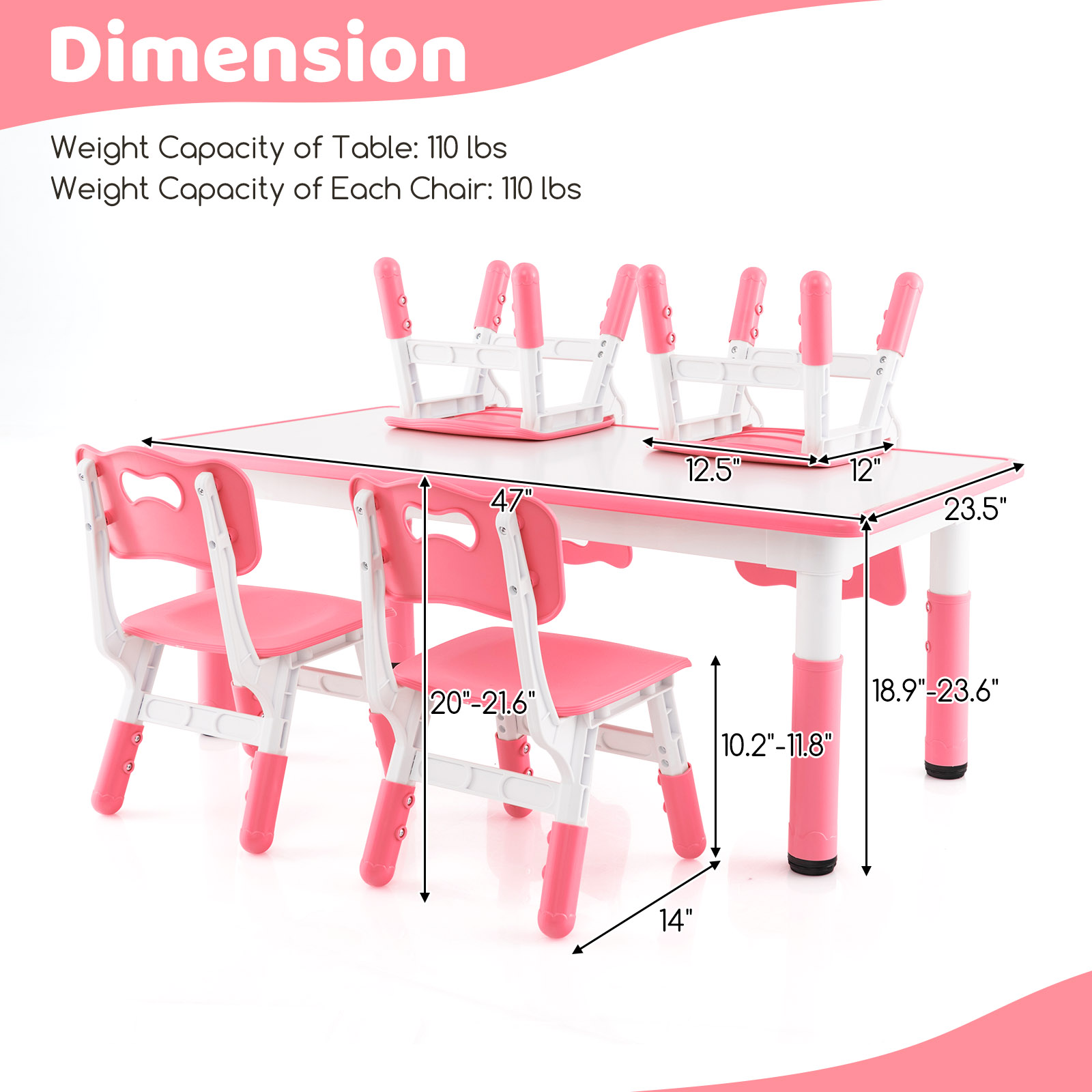 Infans Kids Height Adjustable Table and 4 Chairs Set with Graffiti Desktop Pink