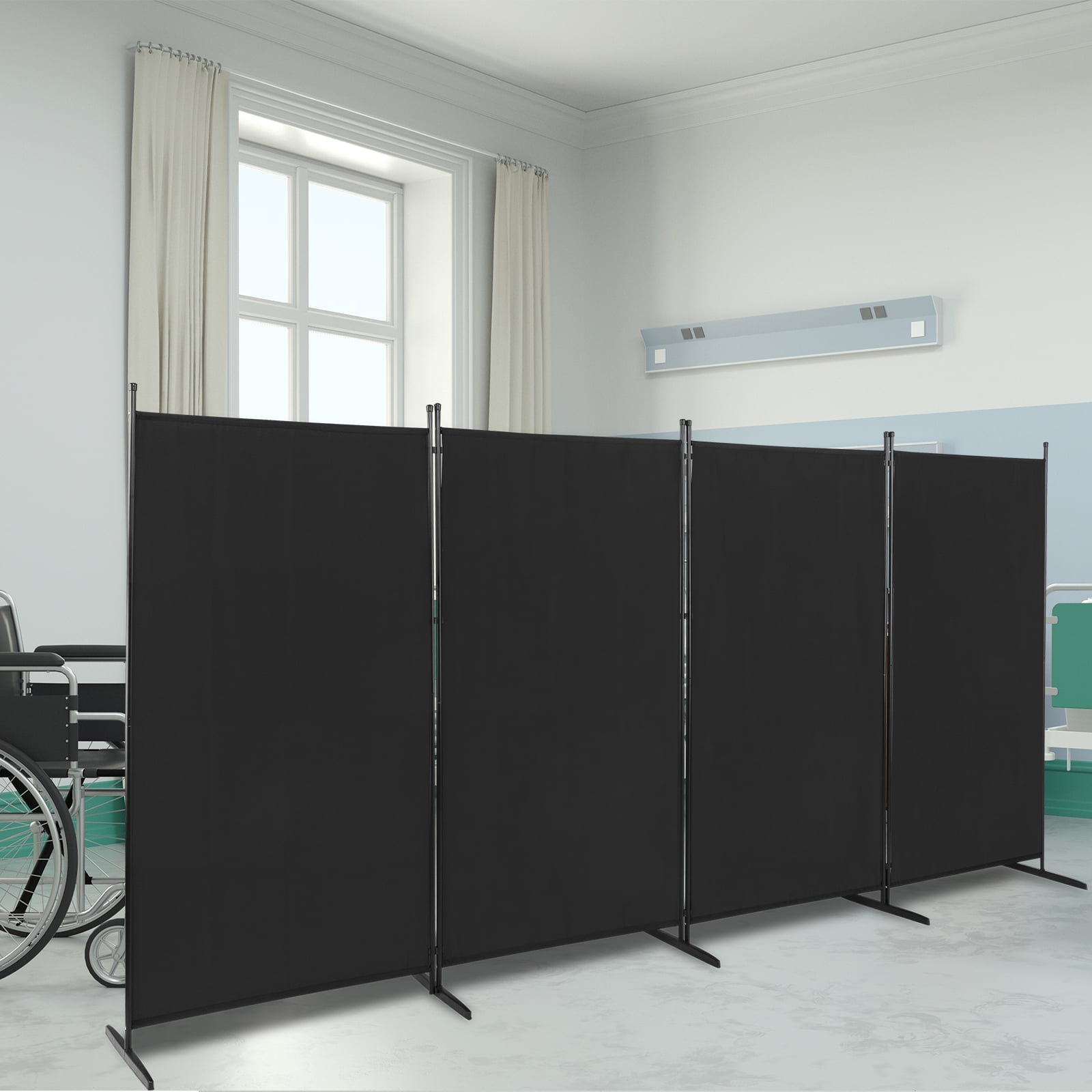 6FT 4-Fold Foldable Screen Plastic Foot Carbon Steel Frame, Black