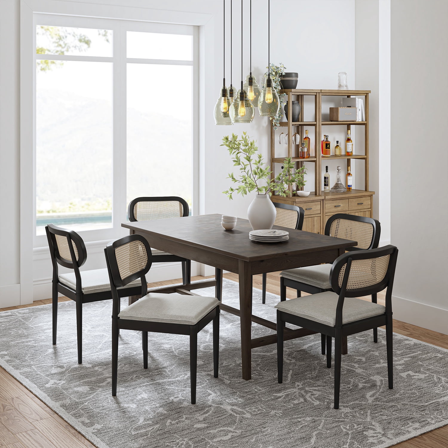 Farmhouse Dining Chairs Set of 6 Rattan Side Chairs Wood Legs Removable Cushion Home Kitchen Restaurant