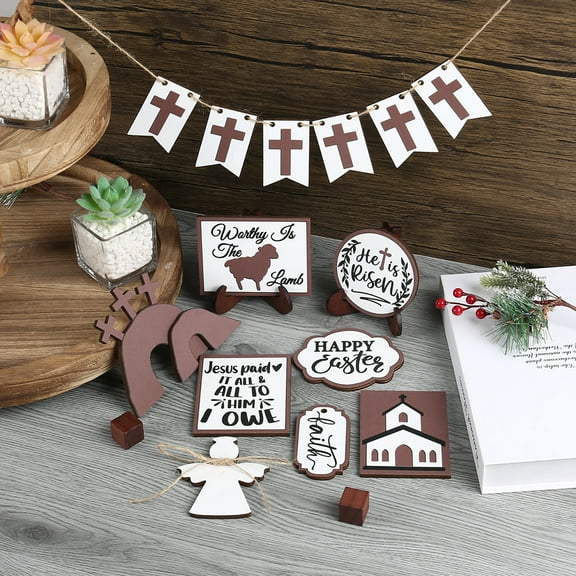 HongHeng Easter Tiered Tray Decor Easter Table Wooden Sign Decorations He is Risen Cross Tabletop Farmhouse Decor for Easter Kitchen Home Party Holiday