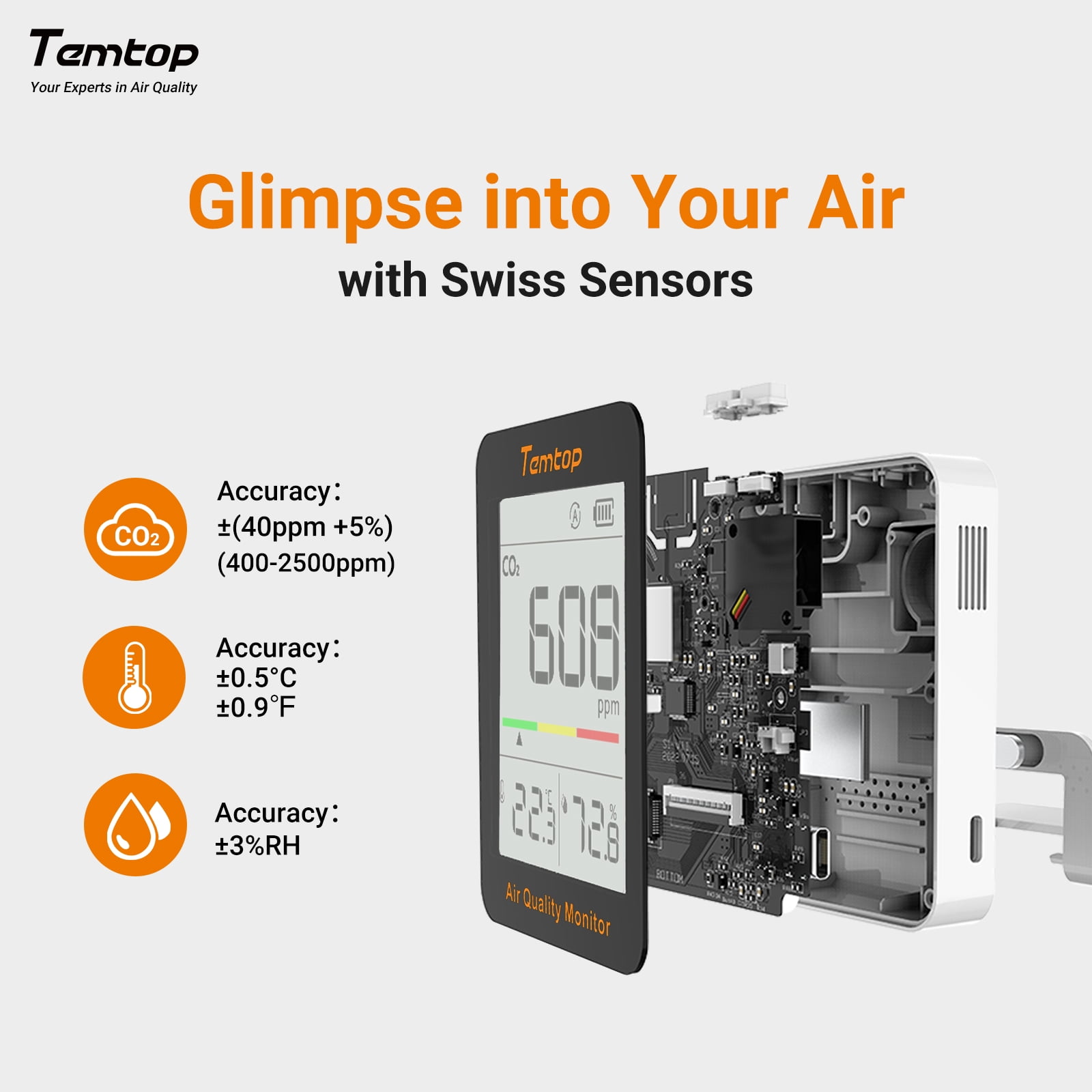 Temtop C1 CO2 Monitor Indoor air Quality Monitor Portable CO2 Meter, CO2, Temperature, Humidity Home, Office or School