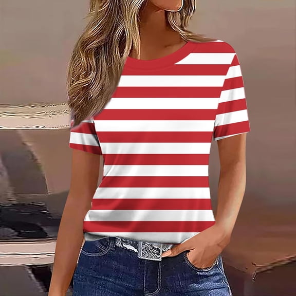 Womens Tops Short Sleeve Print Summer Slim Casual T-Shirt Round Neck Top Red M