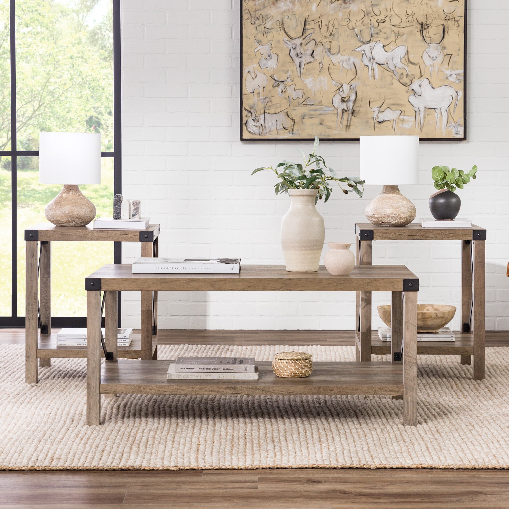 Manor Park 3-Piece Rustic Wood & Metal Coffee Table Set - Grey Wash