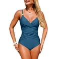 thumbnail image 2 of Minjewel Women's Cross-Back One-Piece Swimsuit with Ruched Tummy Control, Solid Color Slimming Bathing Suit, Athletic Swimwear for Women,Green,XL, 2 of 7
