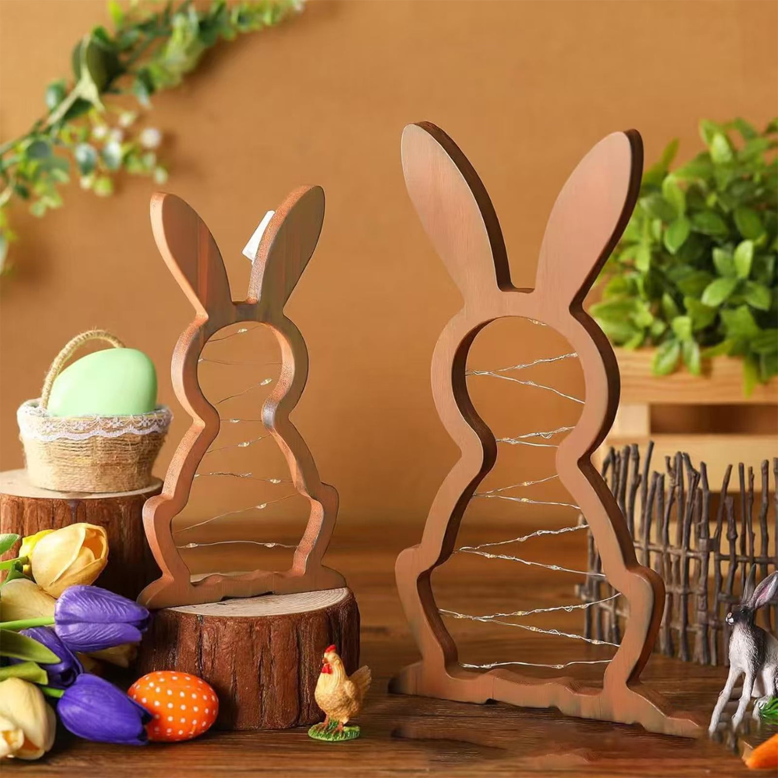 Set of 2 Wooden Easter Bunny Night Lights for Nursery, Spring Home Shelf Decor with Soft Warm Glow