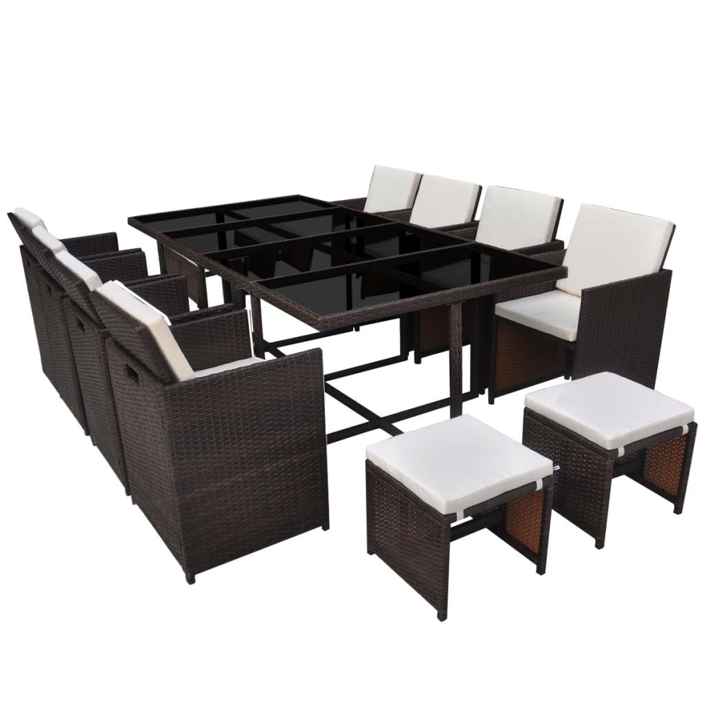 Kepooman 13 Pcs Patio Rattan Dining Table Sets with Glass Table for Outdoor Garden, Brown
