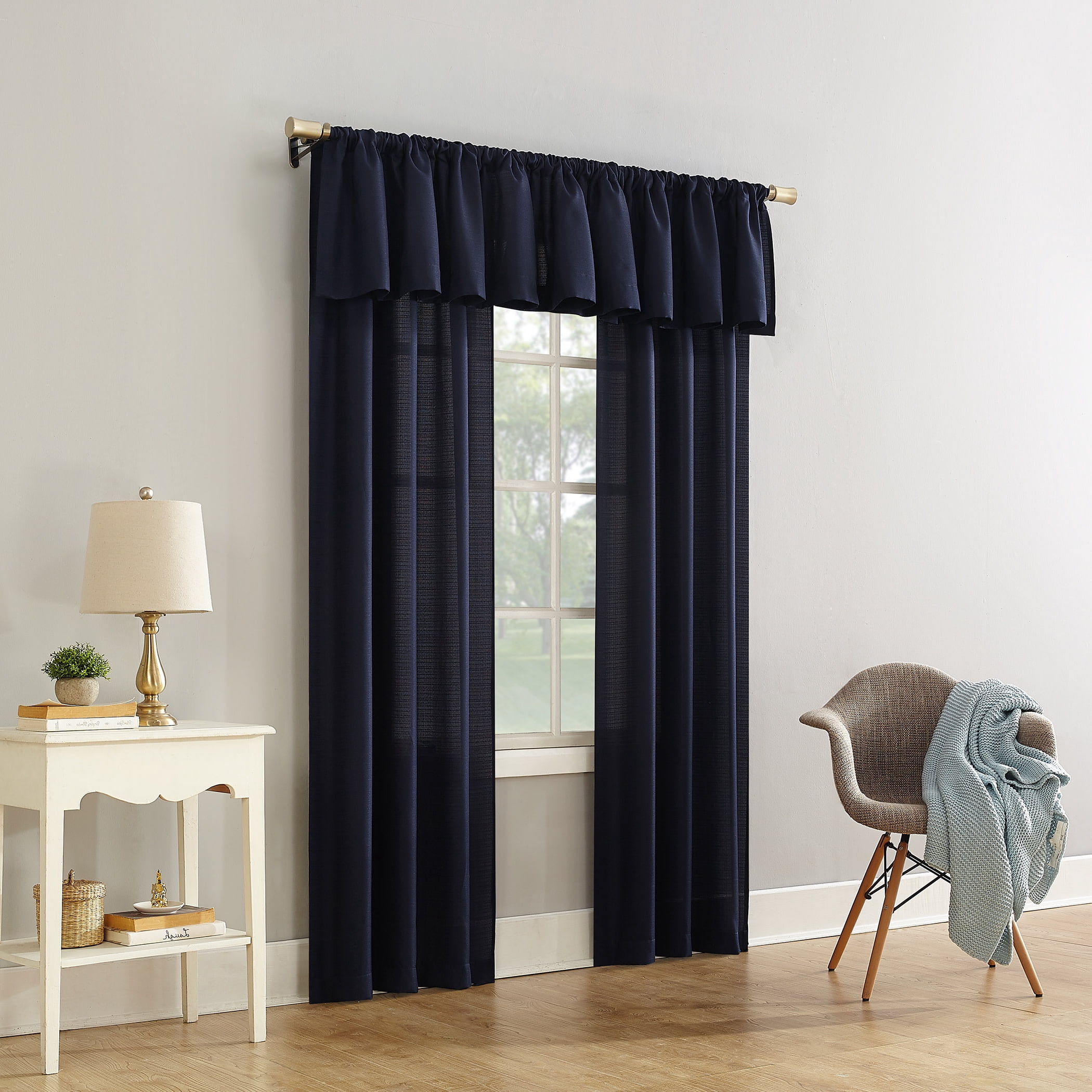 Mainstays Lauren Semi-Sheer Textured Solid Rod Pocket Curtain Valance, Navy, 56"W x 17"L