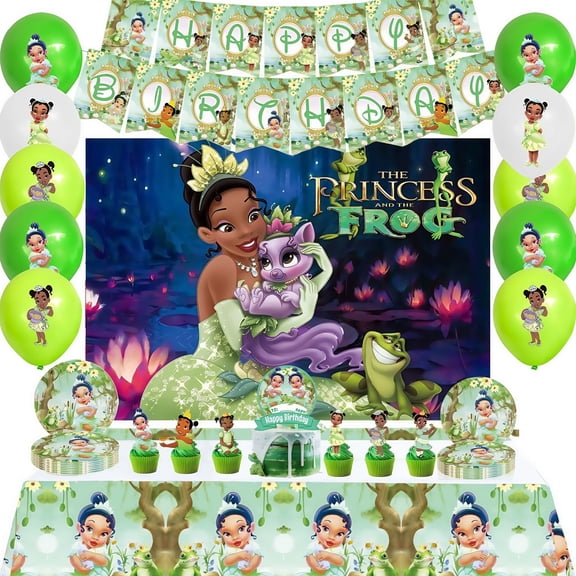 Cartoon Tiana birthday decorations, party supplies set including banners, backdrops, tablecloths, balloons, plates, cake and cupcake decorations, cartoon theme party supplies for boys and girls