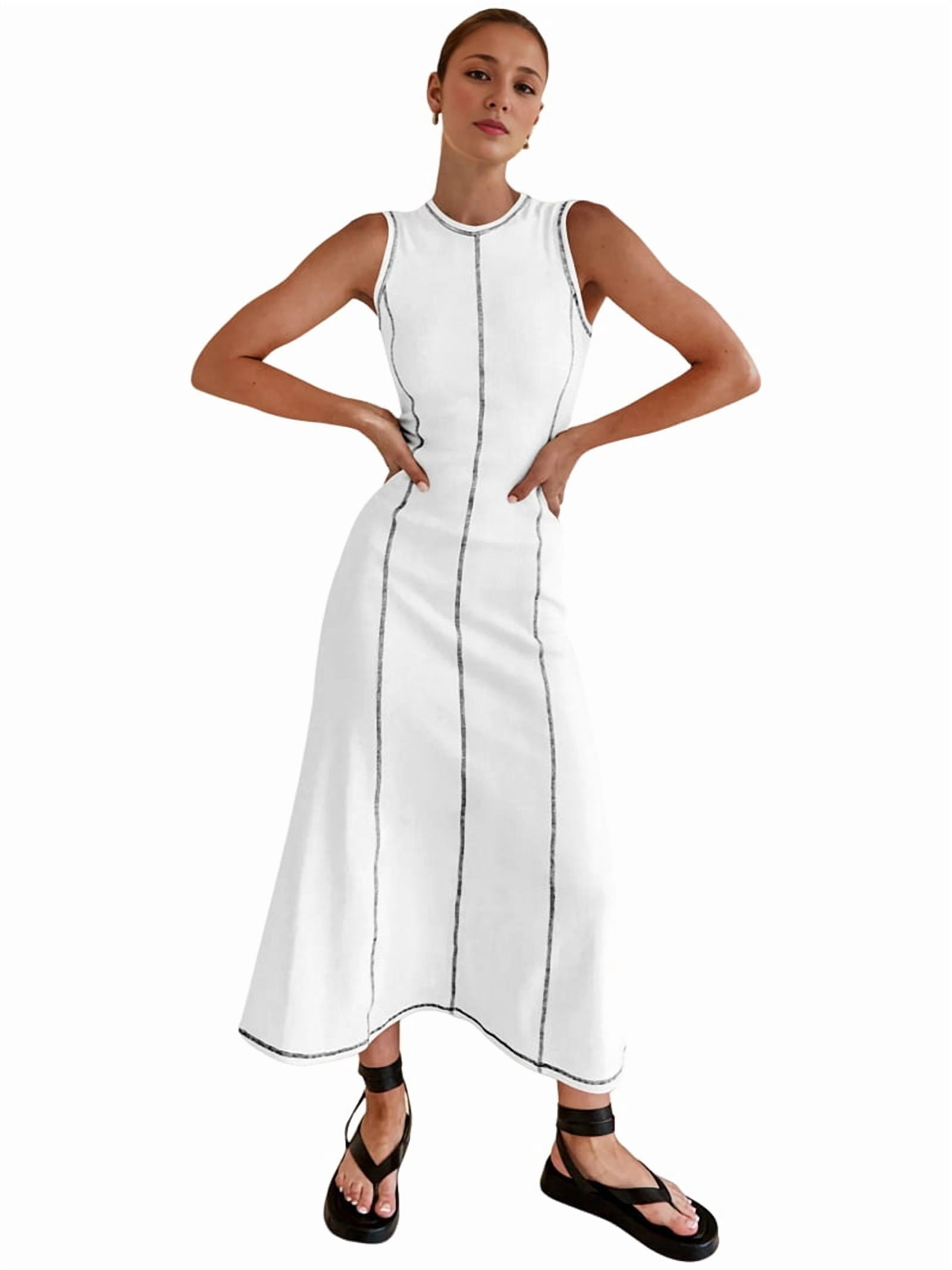 Womens Sleeveless T Shirt Dress Summer Contrast Ribbed Knit Tank Maxi Dresses White M