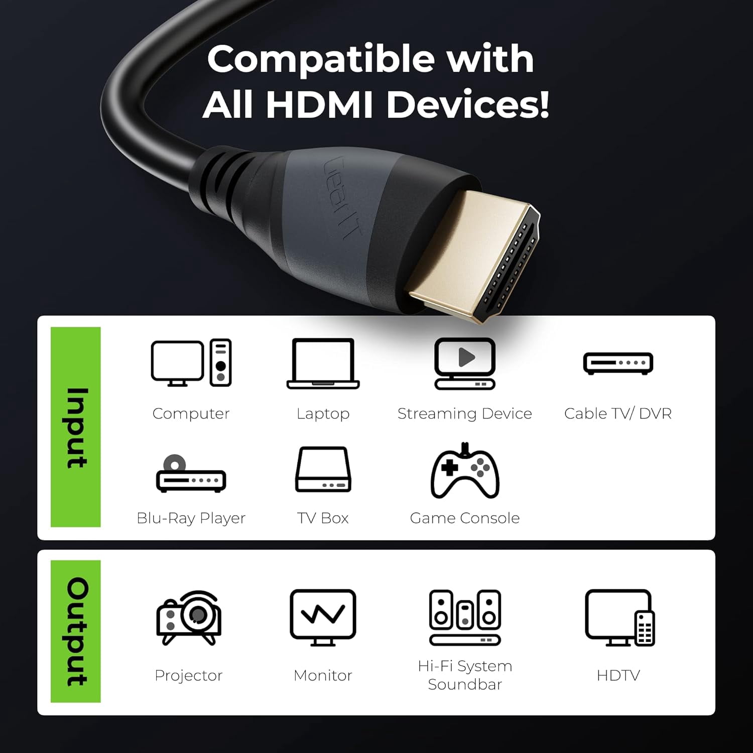 GEARit 4k HDMI Cable (100 ft) Black - In-Wall CL3 Rated with Signal Booster