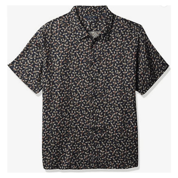 Perry Ellis Men's Short Sleeve Big and Tall Linen Leaf Print Shirt, Navy, XLT