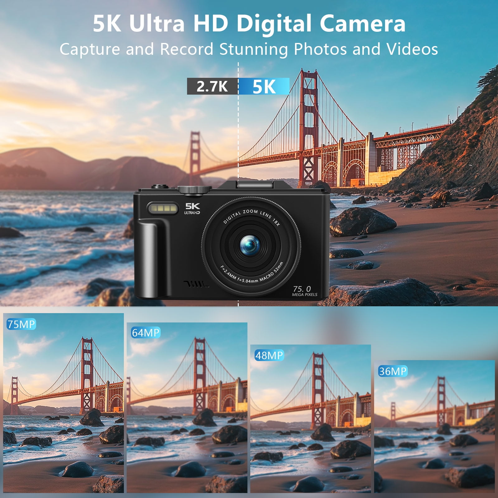 Saneen 5K 75MP Digital Camera Wifi Autofocus Vlogging Camera for YouTube 3" 180° Flip Screen Travel Video Cameras for Photography with 18X Zoom, 32GB Card