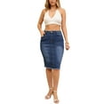thumbnail image 2 of INSPIRE CHIC Women's Jean Skirts Raw Hem High Waisted Pockets Stretch Mid Length Denim Skirts S Blue, 2 of 6
