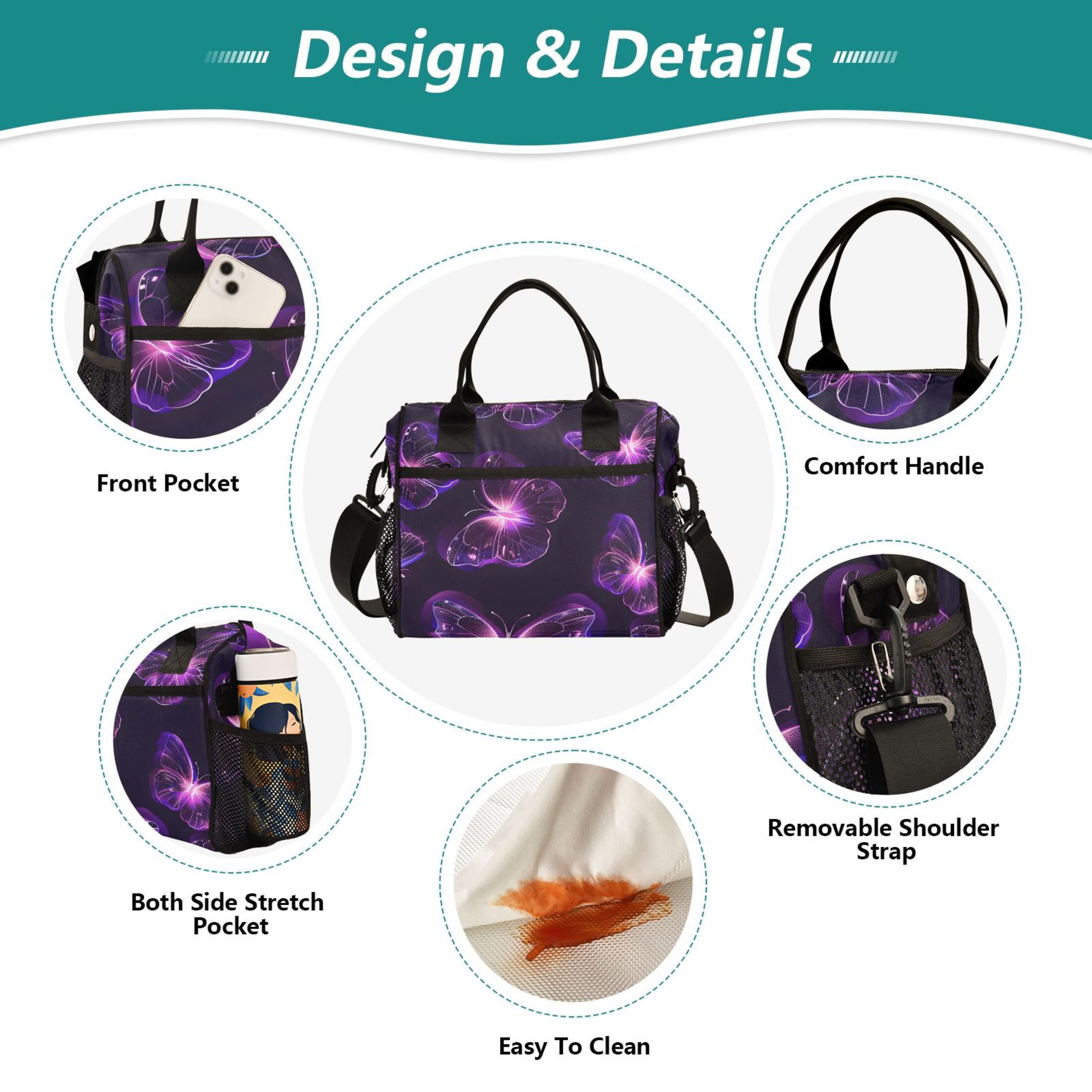 ALAZA Magic Cute Butterfly Insulated Lunch Bag Reusable Tote Box Adjustable Shoulder Strap for Work Picnic