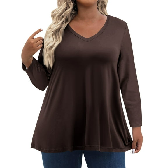 TQWQT Plus Size Tops for Women Fall Casual Cute Tees Long Sleeve V Neck Solid Color Blouses 4x-5x Tunics Blouses Brown 3XL
