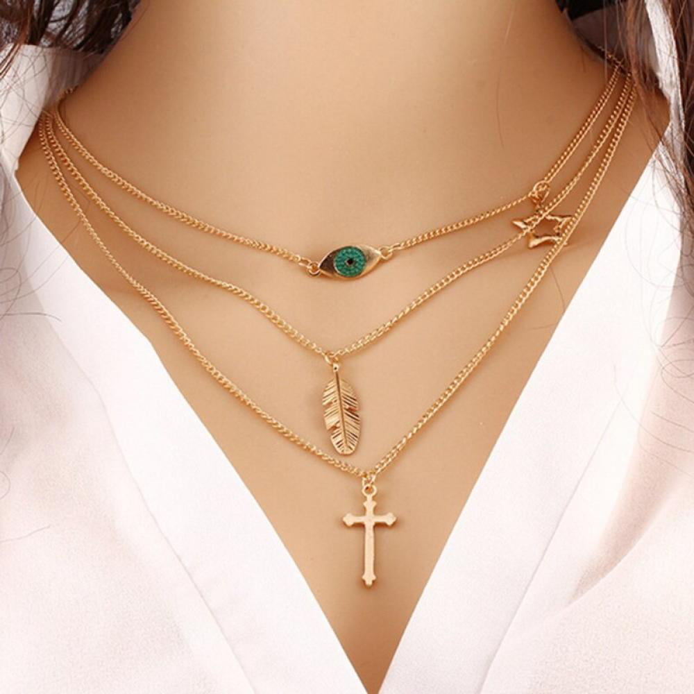 Choker Necklace Gold Coloured Multi 3 Layer Fashion Chain Drop Women Woman