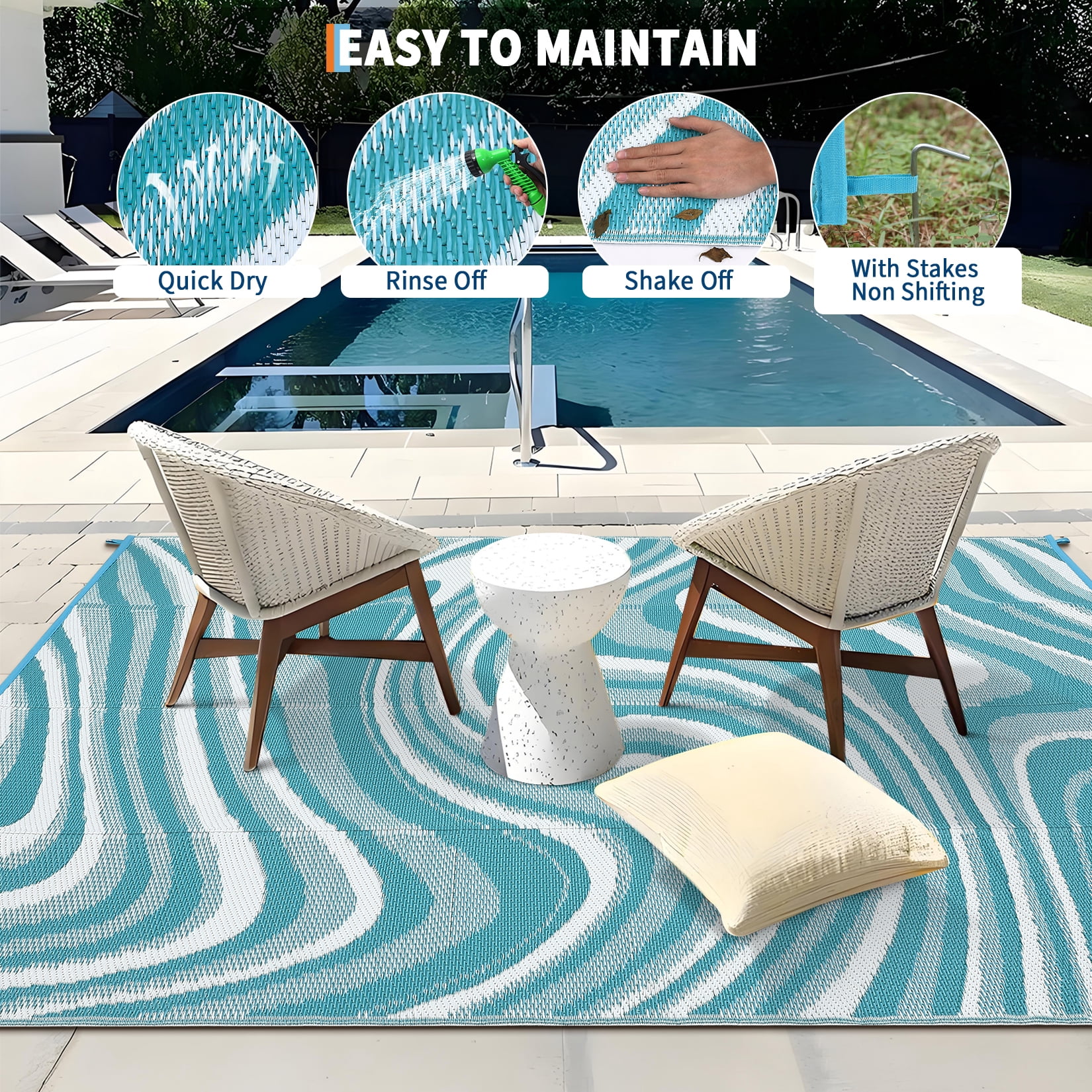Haperlare Outdoor Rug 9'x12' Waterproof Reversible Camping Rugs, Modern Abstract Plastic Straw Rug Carpet for Patio Picnic Backyard Deck, Light Blue