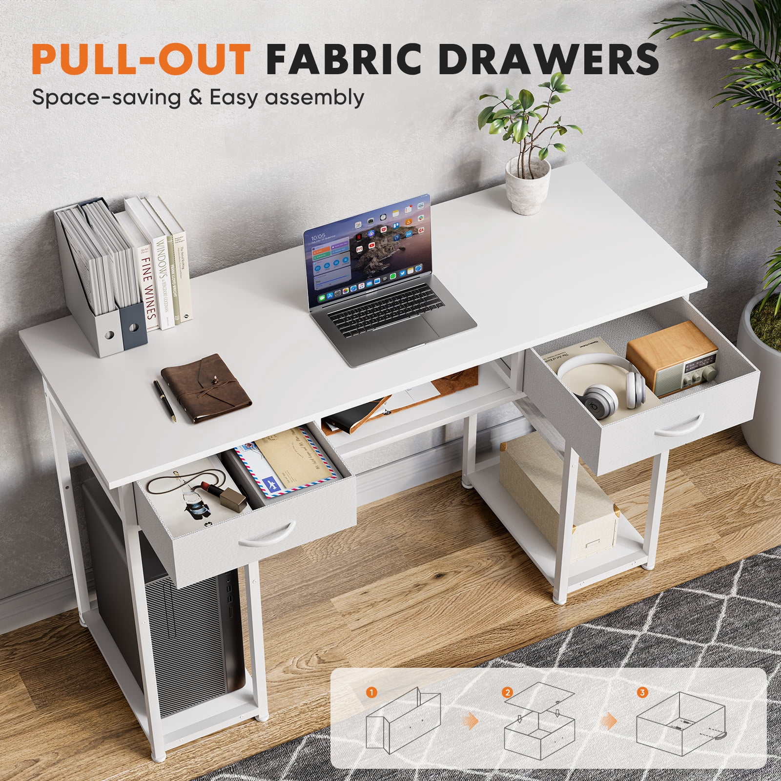 MAYEERTY 48in Adjustable Small Computer Desk, Metal Writing Study Table with Storage and Headphone Hook, Home Office