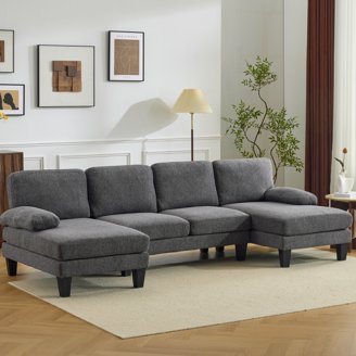 Novogratz Brittany Sectional Futon Sofa, Light Grey Linen