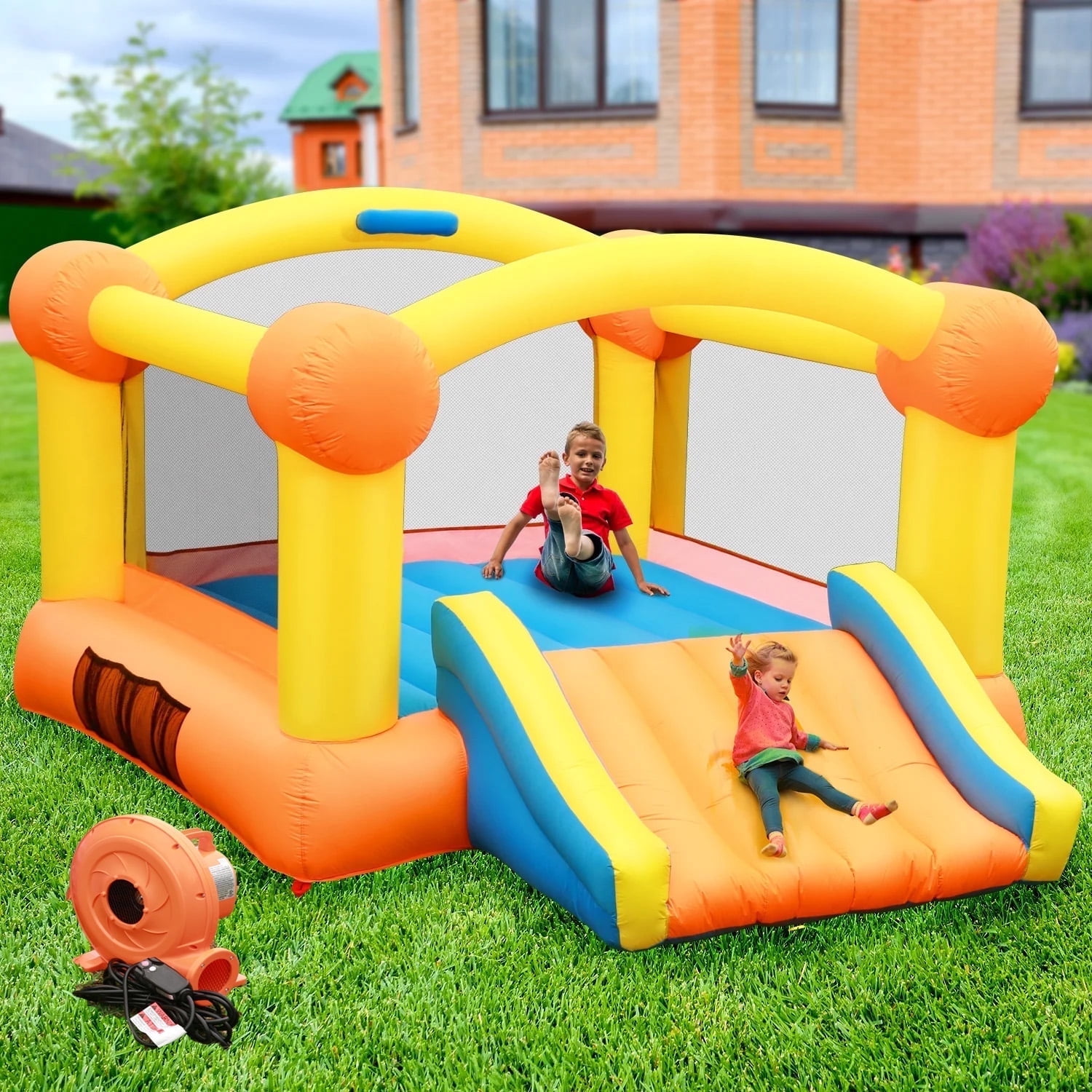 Entil 144in Inflatable Bounce House Large Size with Blower, Big Slide, Basketball Hoop & Inflatable Basketball, Outdoor/Indoor for Kids