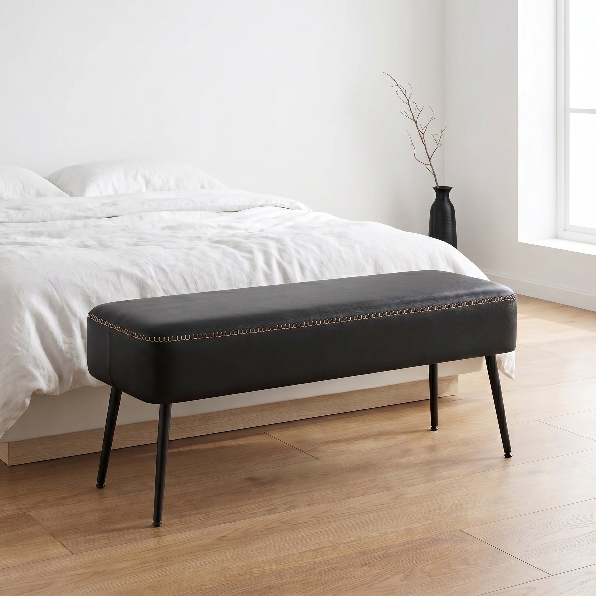 Nordic Hygge Mid-Century Modern Entryway Bench, Black