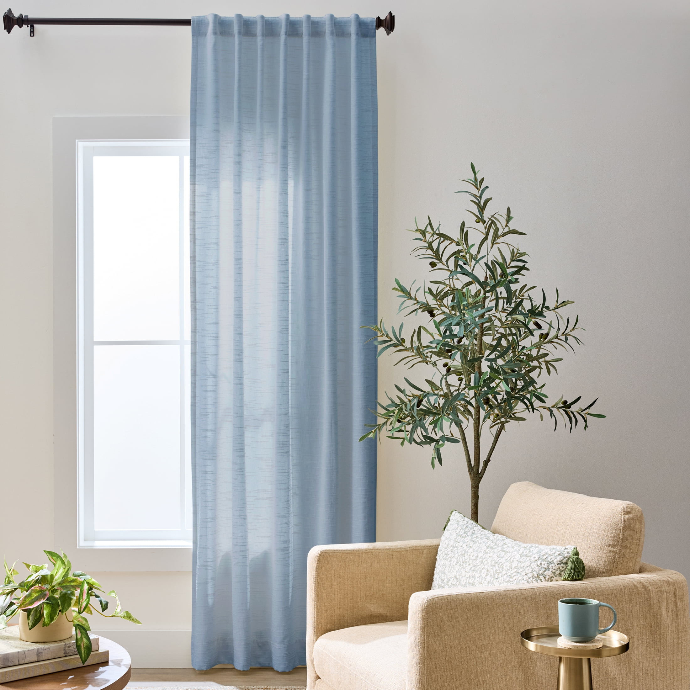 Better Homes & Gardens Textured Solid Chenille Light Filtering Single Curtain Panel, Blue Silver, 50"W x 95"L