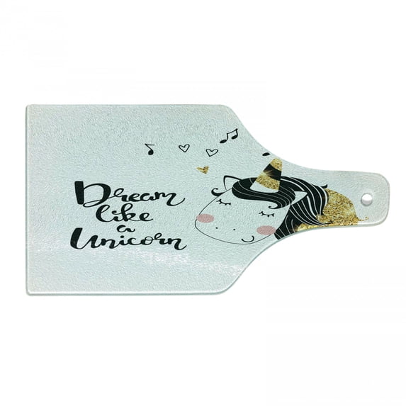 Saying Cutting Board, Print of Dream Like a Unicorn Calligraphy with Music Horned Horse, Decorative Tempered Glass Cutting and Serving Board, in 3 Sizes, by Ambesonne