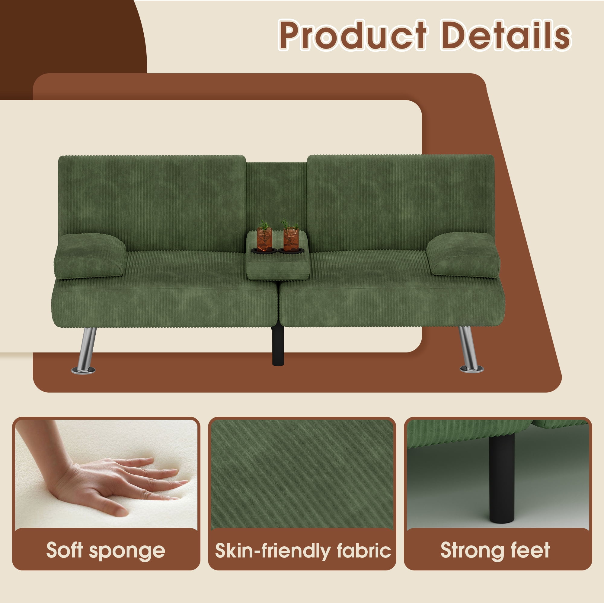 Homall  Futon Sofa Bed with Armrests and Cup Holders,  Adjustable Backrest Angles, Convertible bed, Green