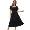 thumbnail image 3 of Women'S Summer Short Sleeve Square Neck Smocked Waist Casual Vacation Tiered Flowy Maxi Dress Black XXL, 3 of 6