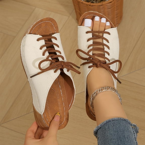 Women's Tie Wedge Slippers-Women's Solid Color Fish Mouth Sandals,Lace Up Thick Sole Slides Sold by WHLBF 39
