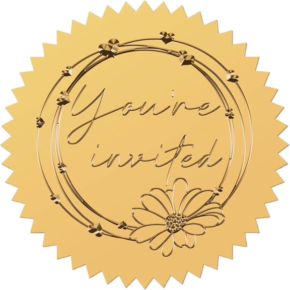 100Pcs 2 inch You're Invited Envelope Stickers Flower Heart Invitation Gold Foil Stickers Round Decal Medal Decoration Seals Stickers