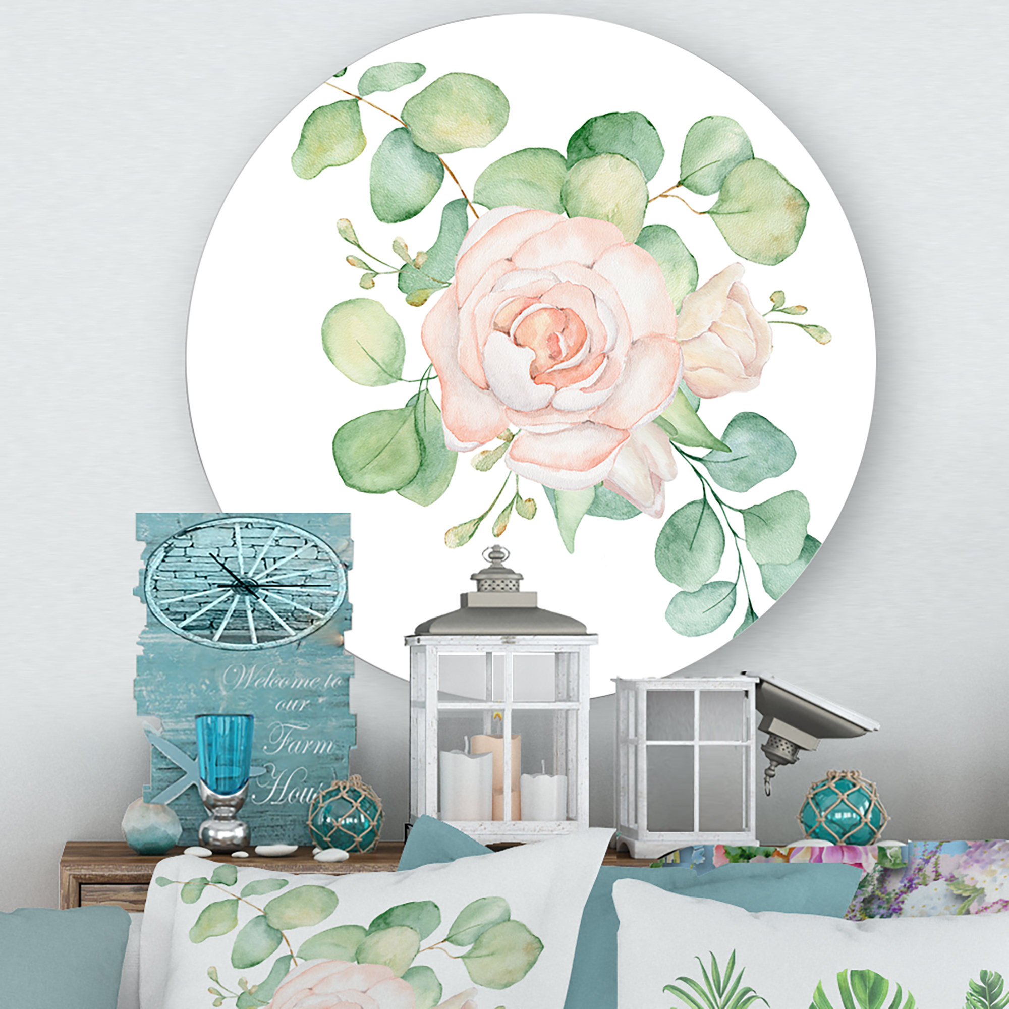 Designart 'Bouquet of Pink Roses Flowers and Eucalyptus Leaves' Traditional Circle Metal Wall Art 11x11 - Disc of 11