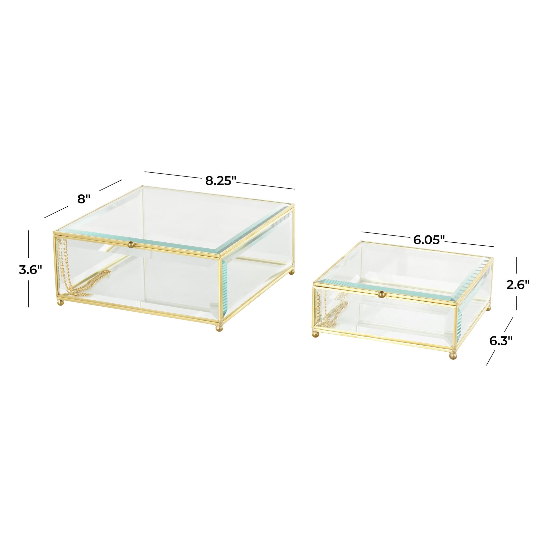 DecMode Beveled Clear Glass Decorative Jewelry Box with Gold Metal Frame and Chain Accent, Set of 2