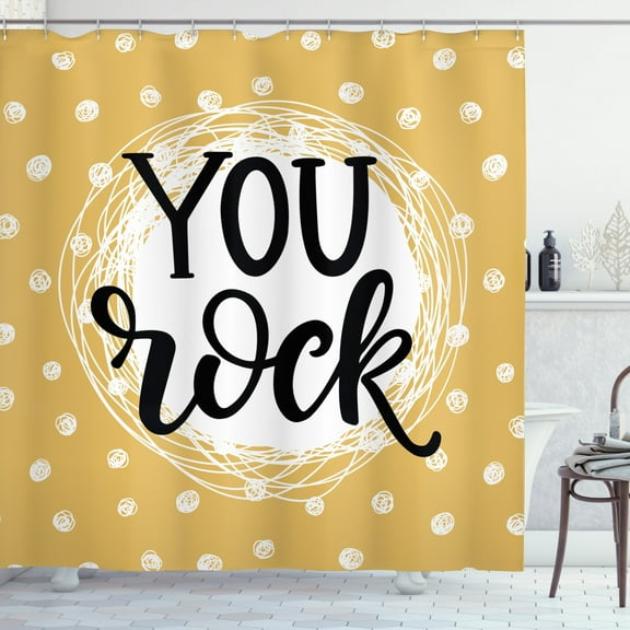 You Rock Shower Curtain, Hand Drawn Motivational Lettering Scribble Circle Dots, Fabric Bathroom Set with Hooks, 69W X 70L Inches, Sand Brown Charcoal Grey and White, by Ambesonne