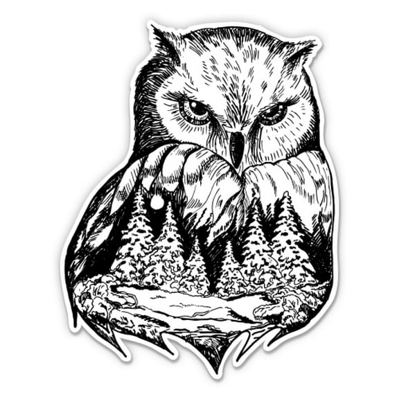 Beautiful Owl Forest Mountains Night Sky - 5" Vinyl Sticker - For Car Laptop I-Pad - Waterproof Decal