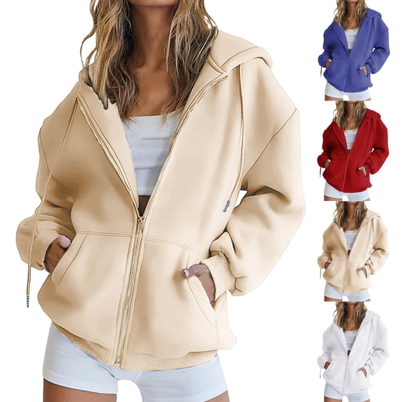 Zip Up Hoodie Women Oversized Y2K Casual Long Sleeve Zipper Sweatshirts | Womens Zip Up Hoodies 2026 Fall Winter Comfy Track Jackets Plus Size Hooded Top with Pockets, #01_Beige, L