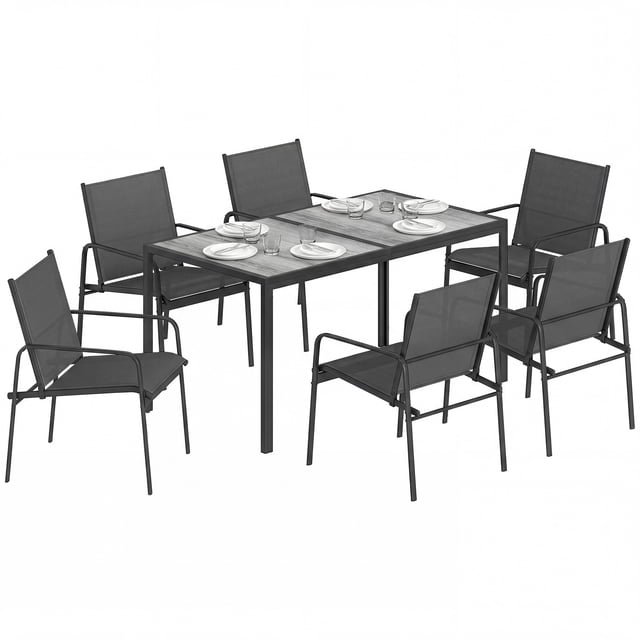 Outsunny Outdoor Dining Set for 6, Faux Wood Patio Table and Chairs, Black